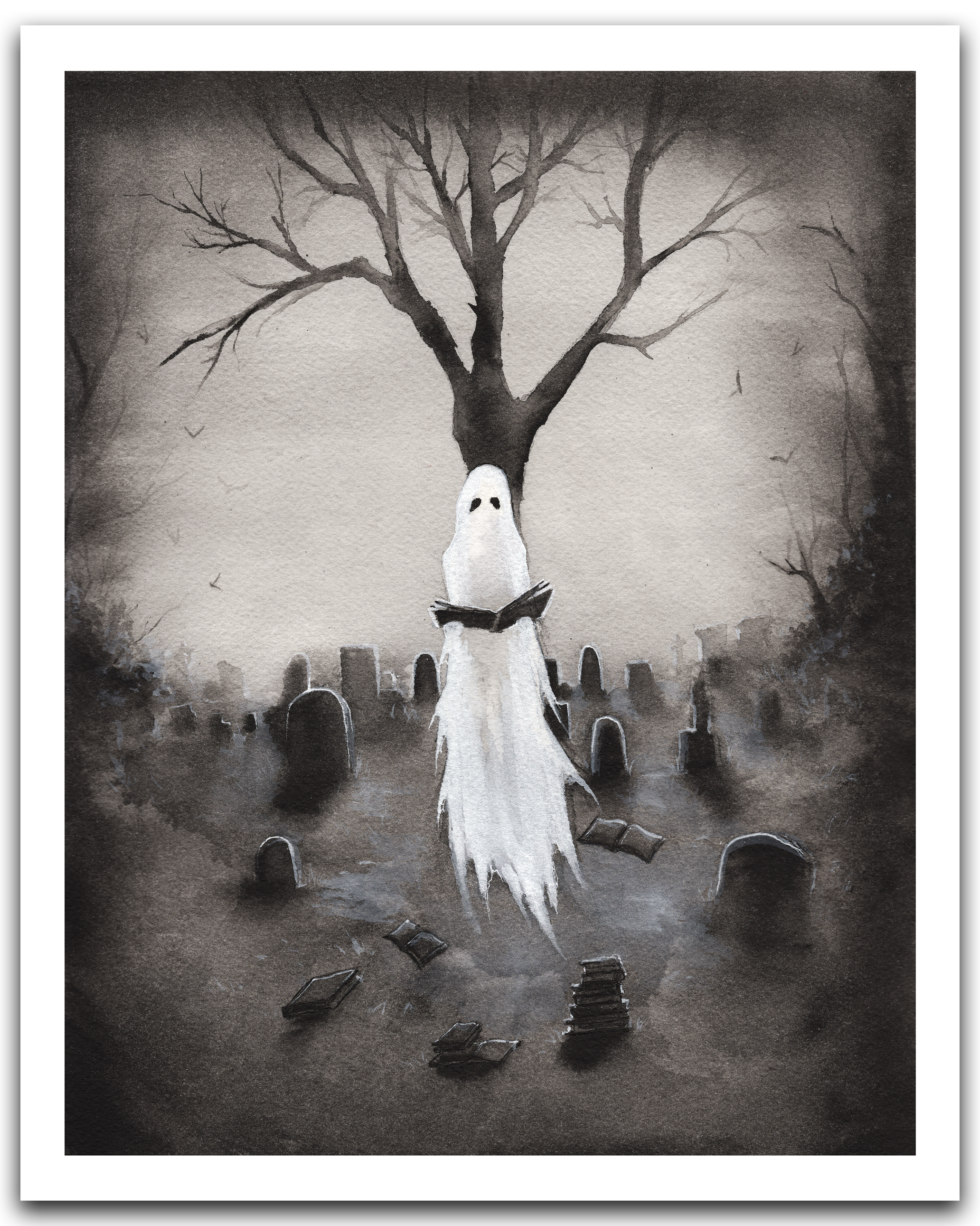 ghost reading in cemetery print top down