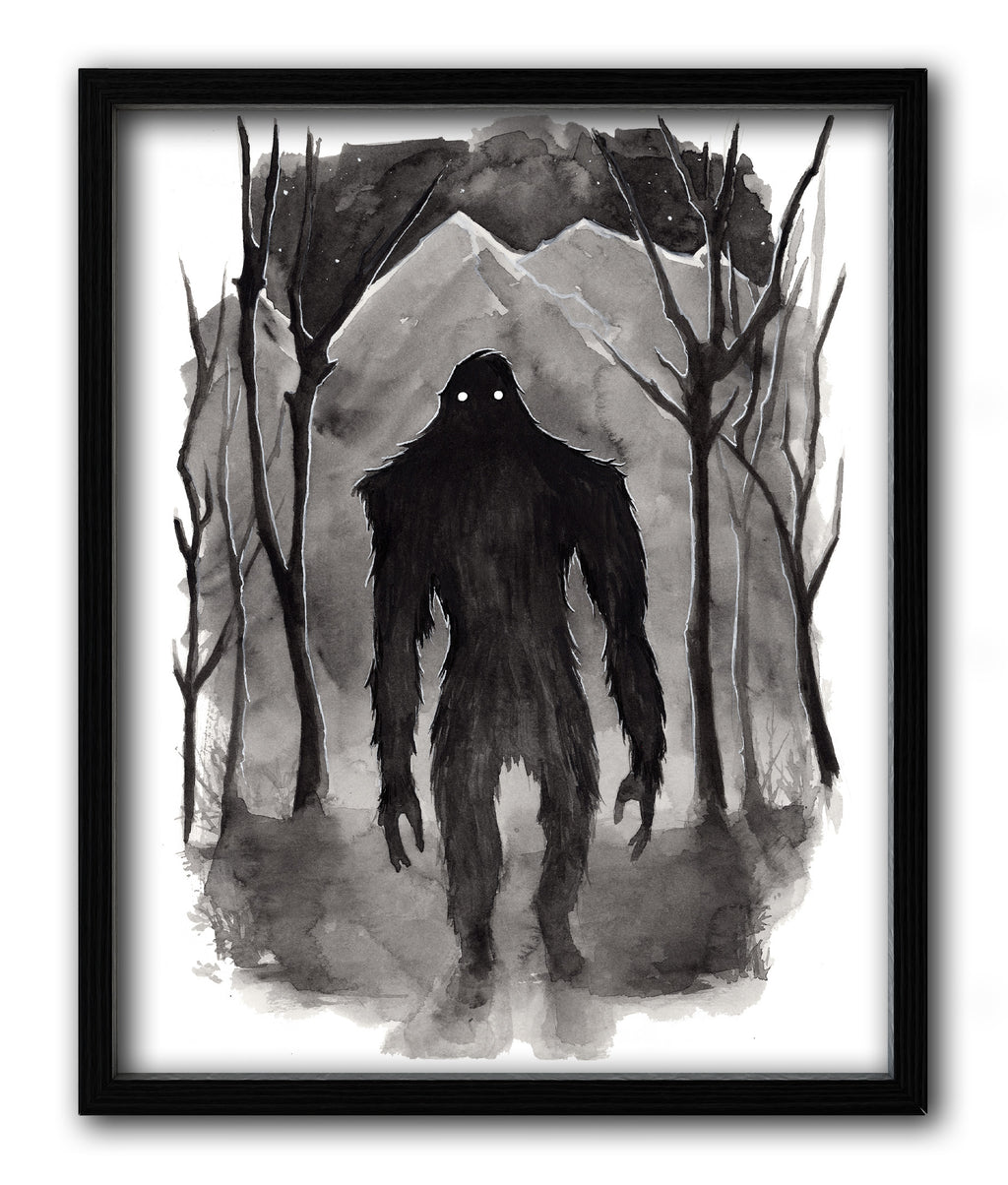 bigfoot ink painting in a black frame
