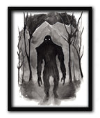 bigfoot ink painting in a black frame