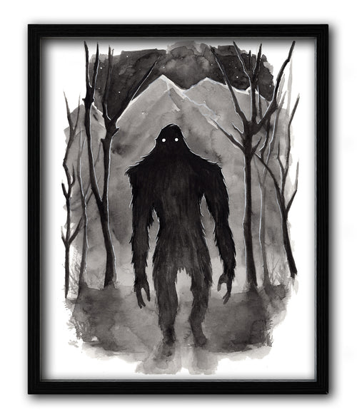 bigfoot ink painting in a black frame