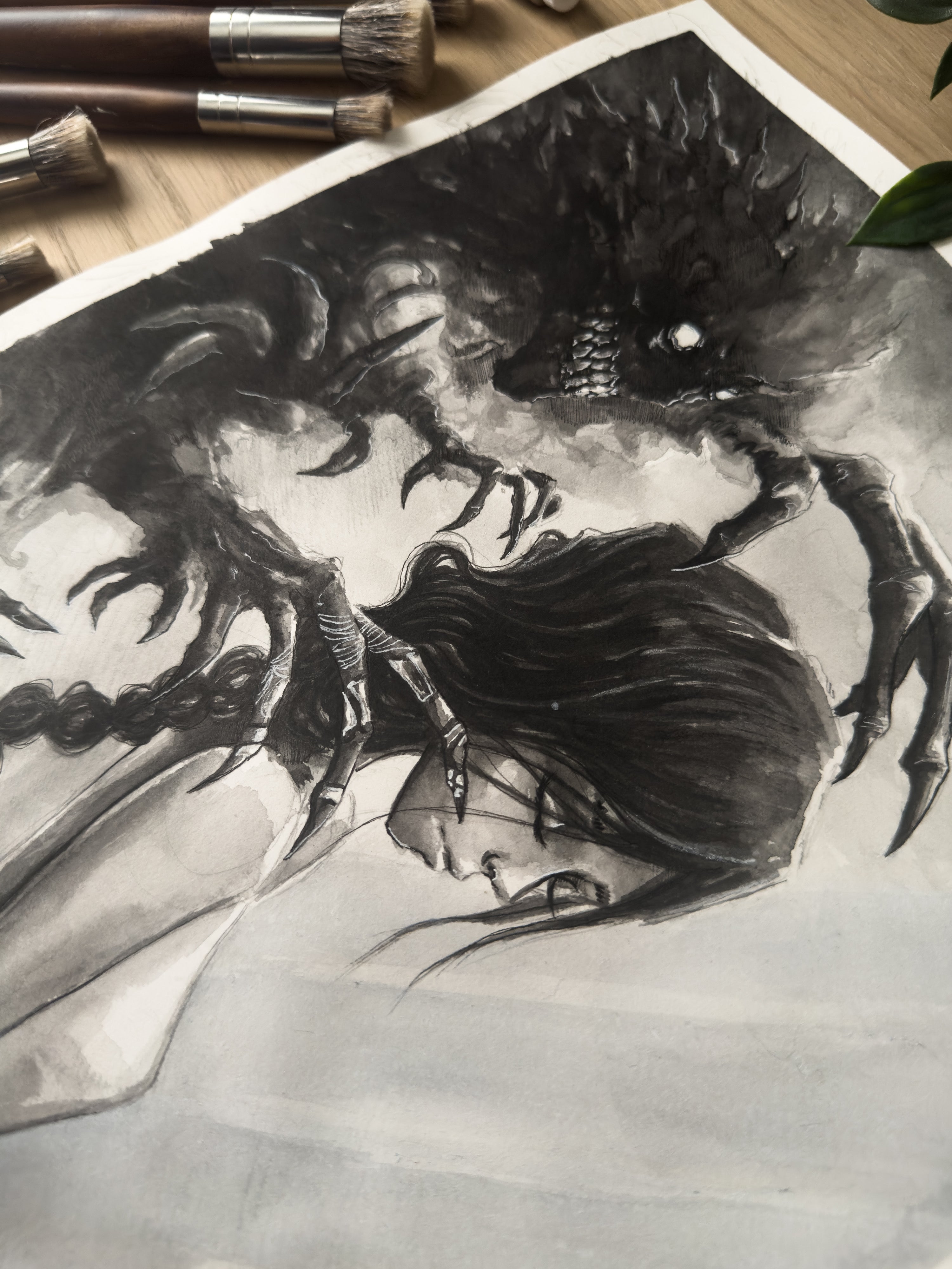 Death spirit grasping at a woman painted with watercolor in a Japanese inspired style in black and white close up details