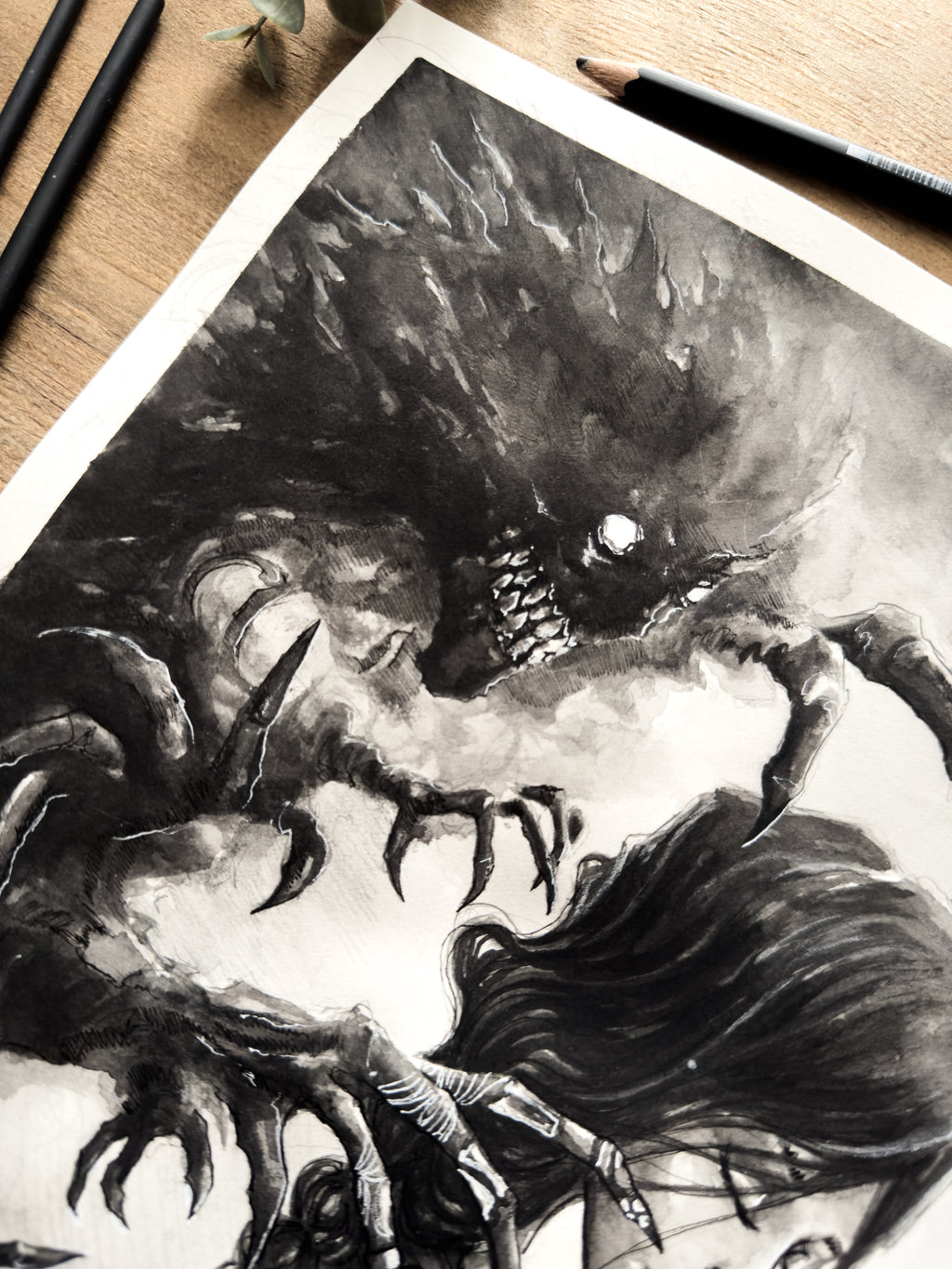 Death spirit grasping at a woman painted with watercolor in a Japanese inspired style in black and white close up details of the death spirit