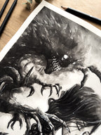 Death spirit grasping at a woman painted with watercolor in a Japanese inspired style in black and white close up details of the death spirit