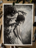 Death spirit grasping at a woman painted with watercolor in a Japanese inspired style in black and white top down