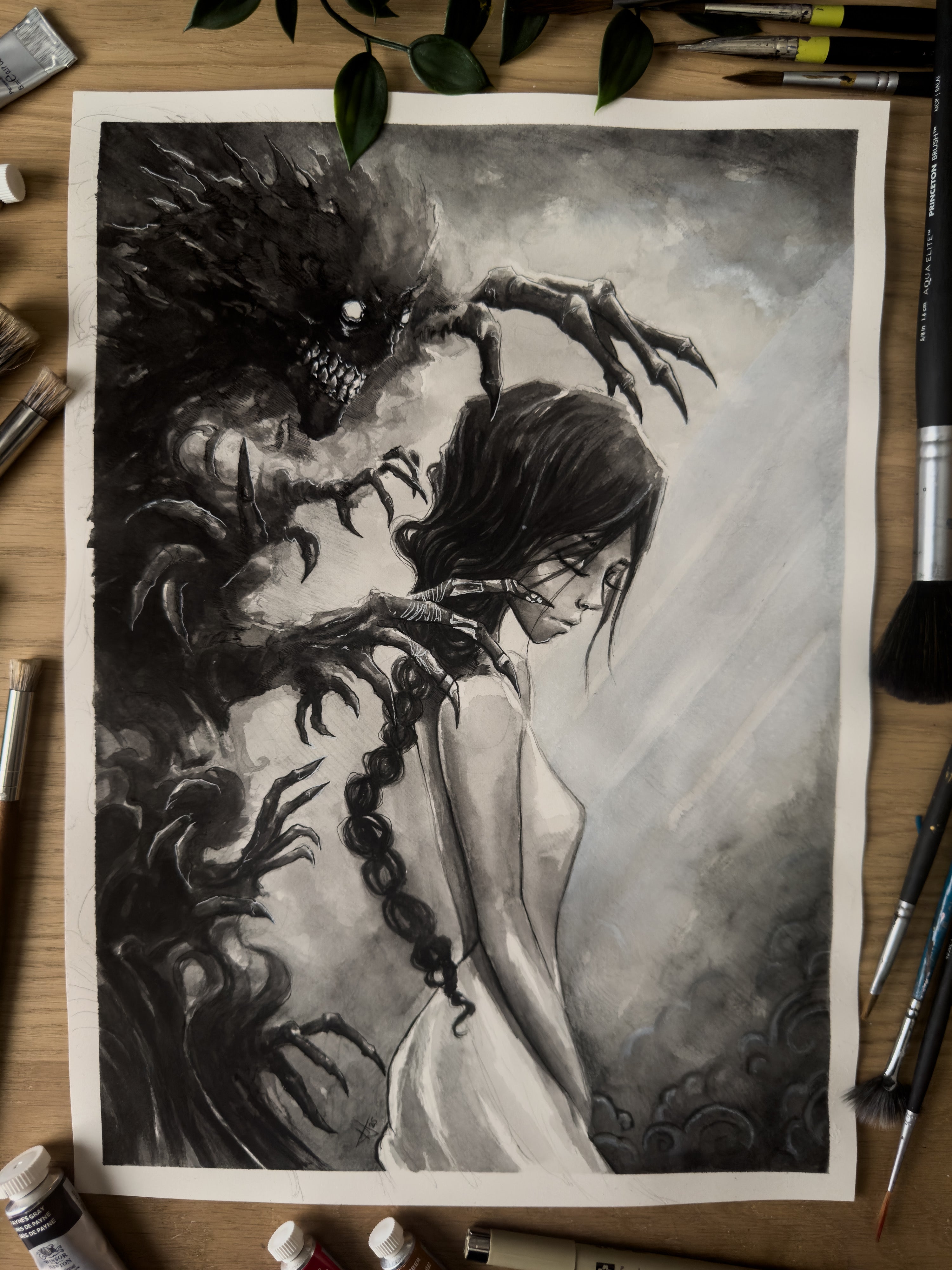 Death spirit grasping at a woman painted with watercolor in a Japanese inspired style in black and white top down