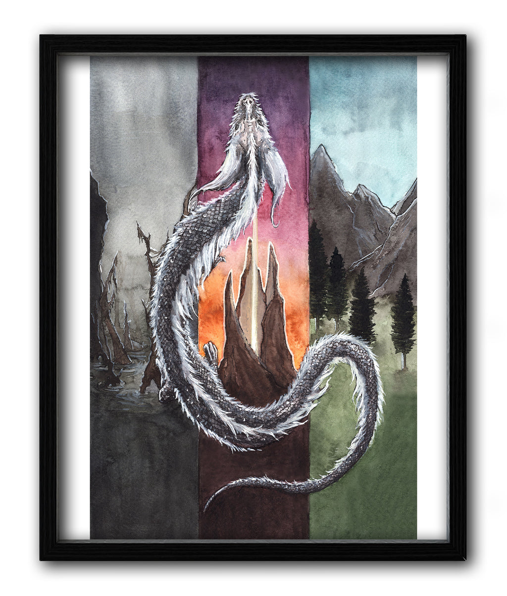 falkor dragon watercolor painting print in a black frame