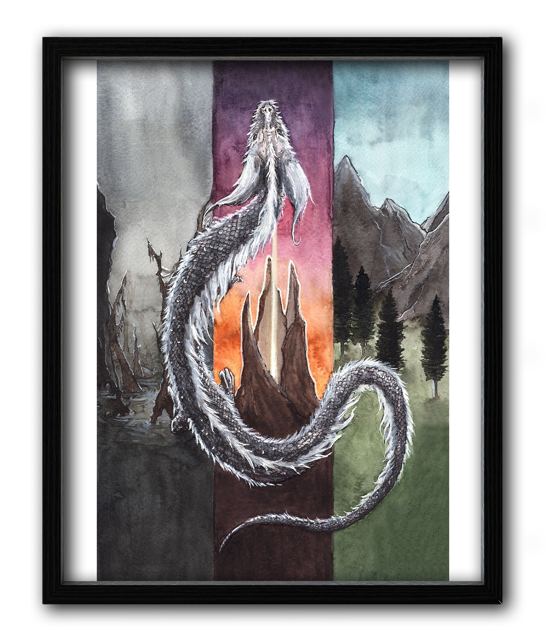 falkor dragon watercolor painting print in a black frame