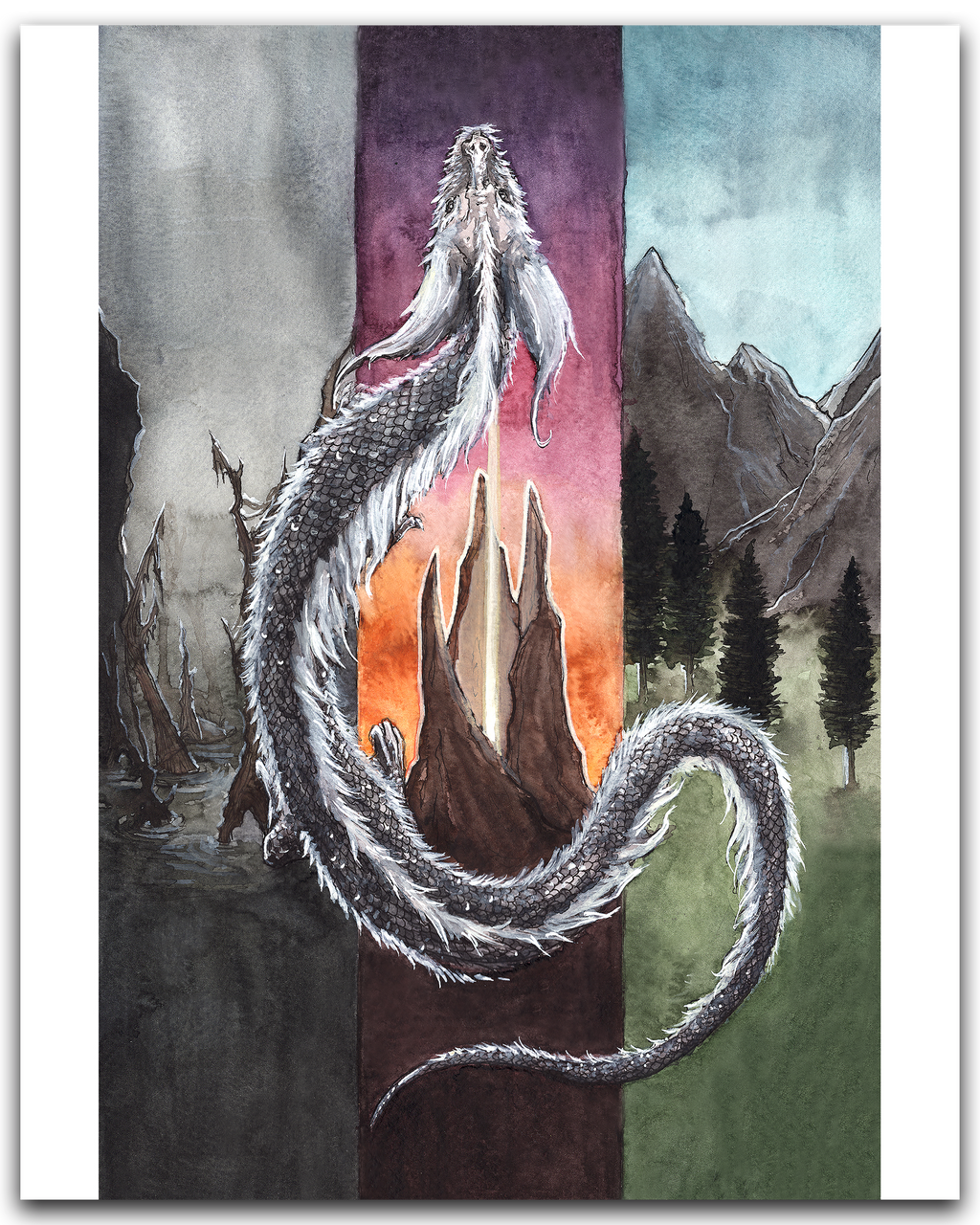falkor dragon watercolor painting print laying flat with a drop shadow