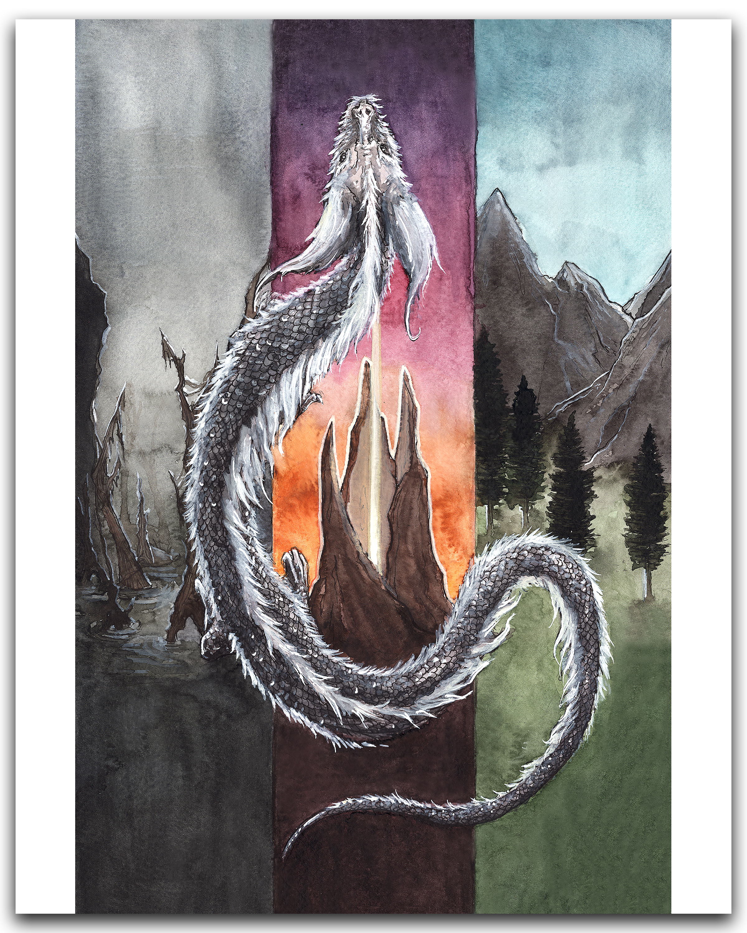falkor dragon watercolor painting print laying flat with a drop shadow