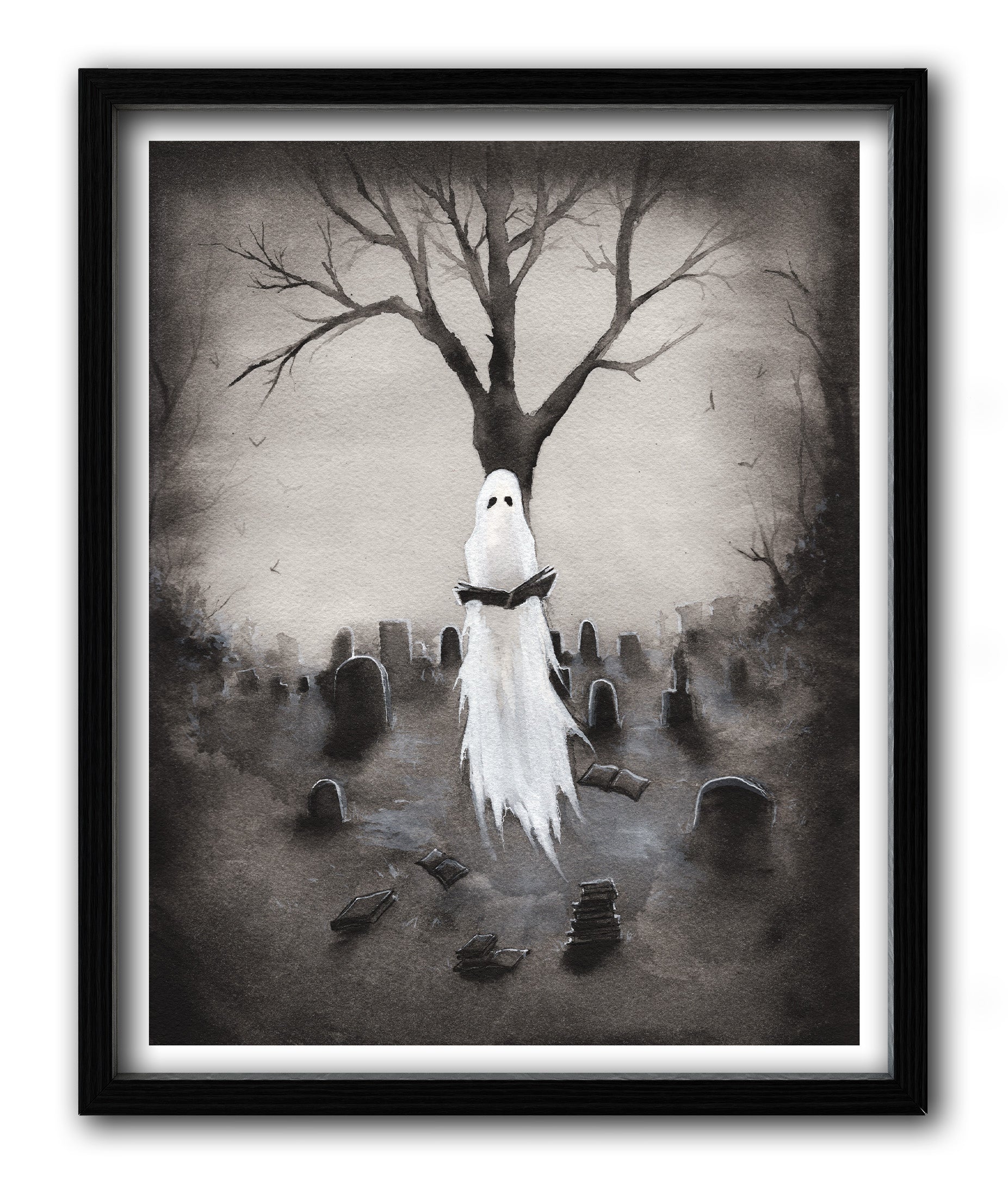 ghost reading in cemetery print black frame