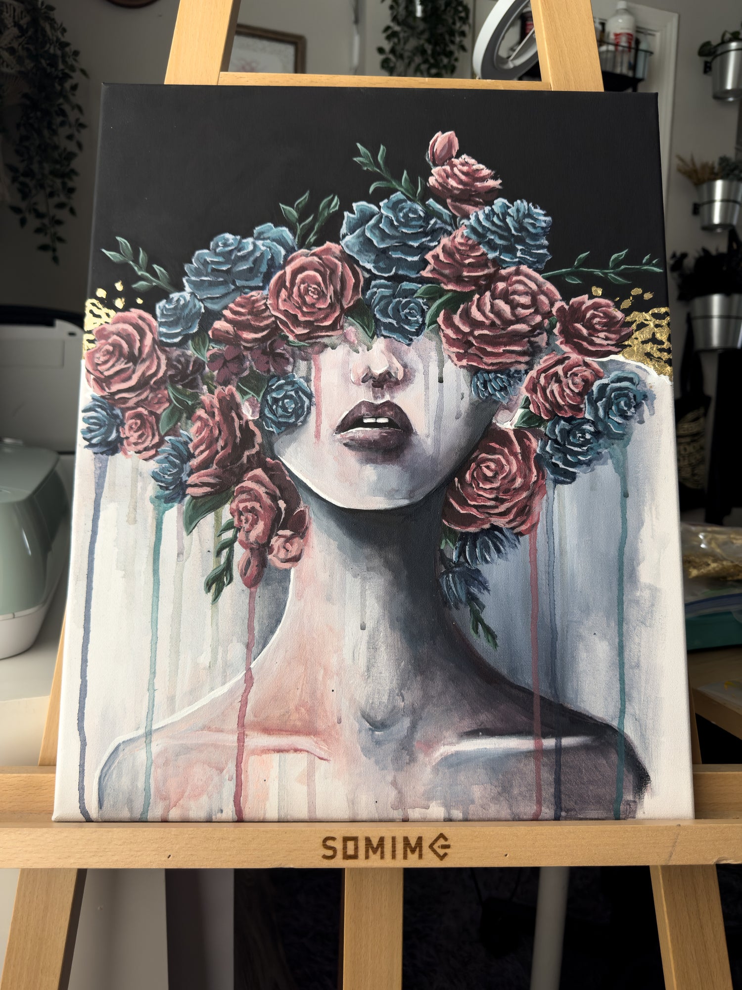 Acrylic painting of a woman with floral blossoms and dripping paint front view