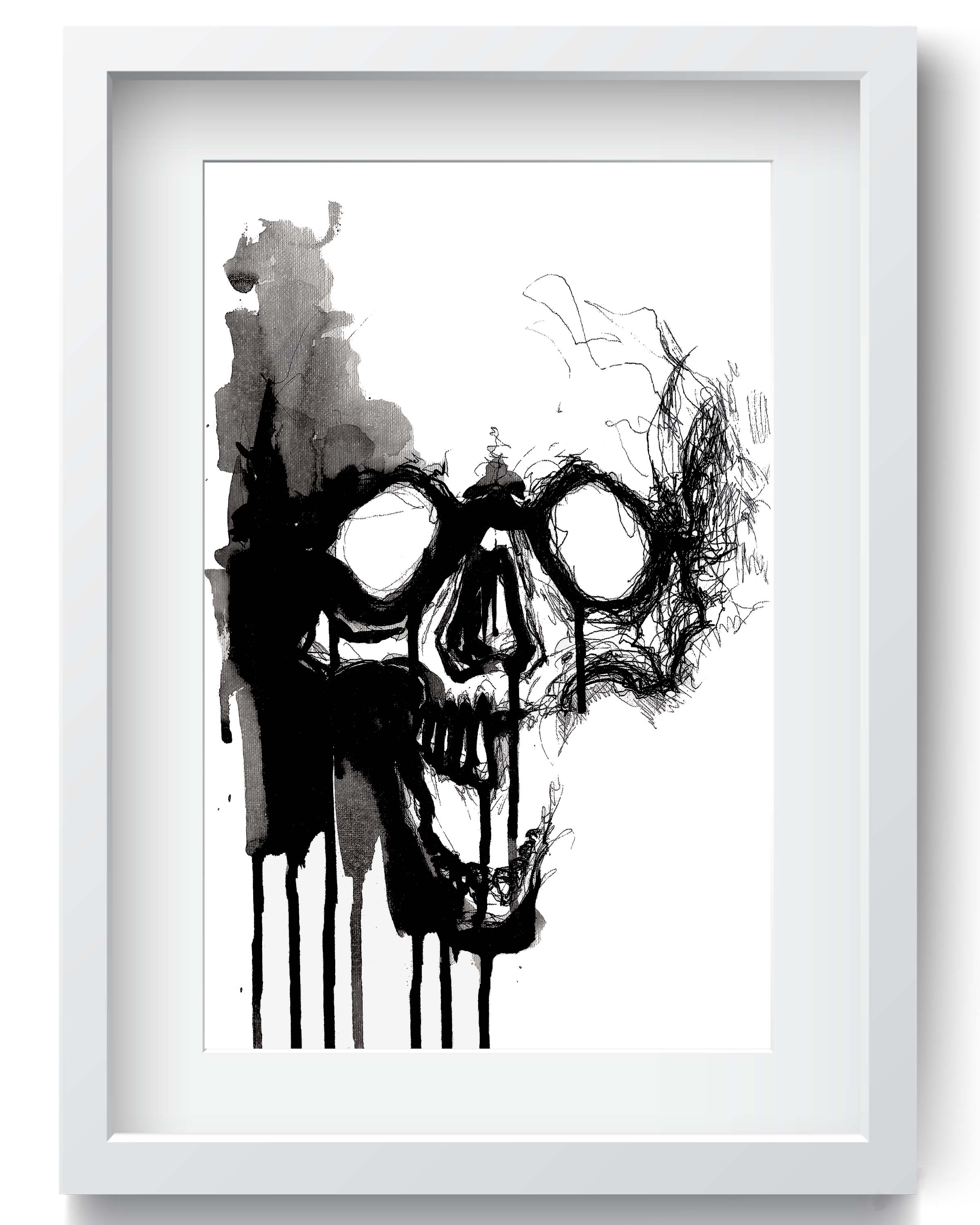Black Ink Skull Print - Spooky Dark Aesthetic Artwork