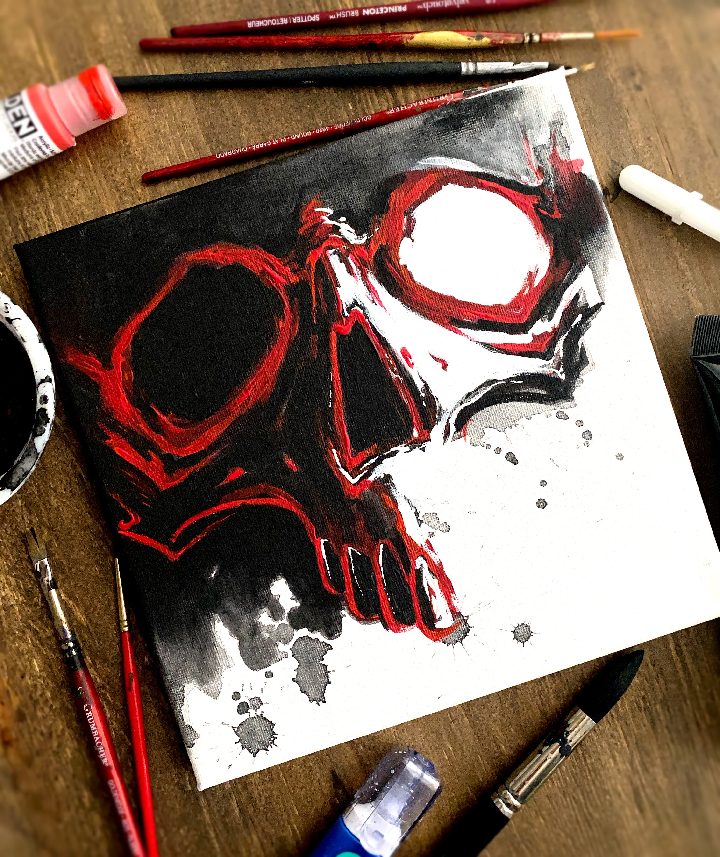 Red/Black/White Skull Canvas 8x8